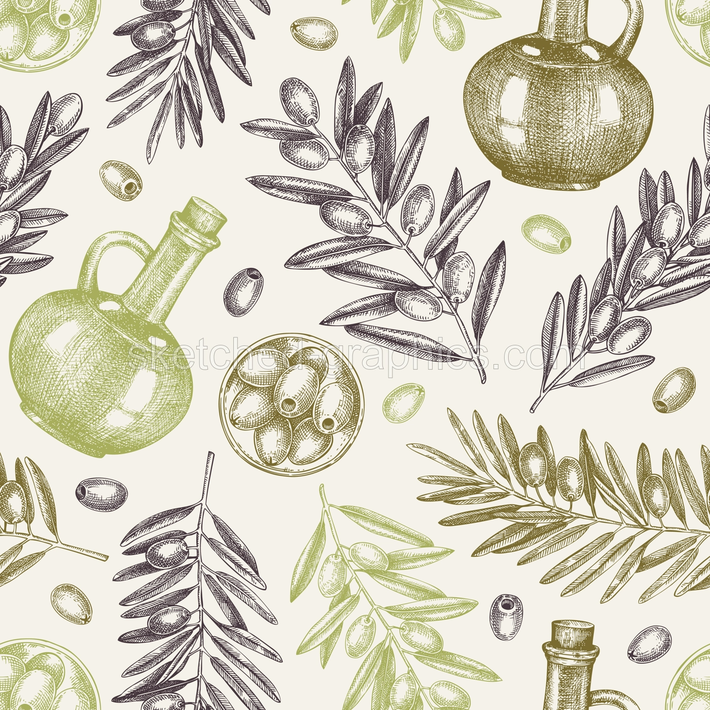 Olive oil background. Hand drawn vector illustration. Olive tree branches, glass bottles, ripe olives sketches. Italian food seamless pattern. Illustration